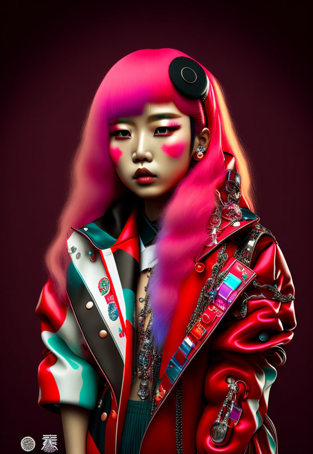 Vibrant Pink Hair and Bold Makeup on Person in Colorful Jacket