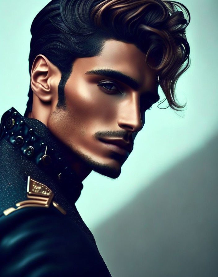 Man with Stylized Hair in Black Outfit and Gold Details