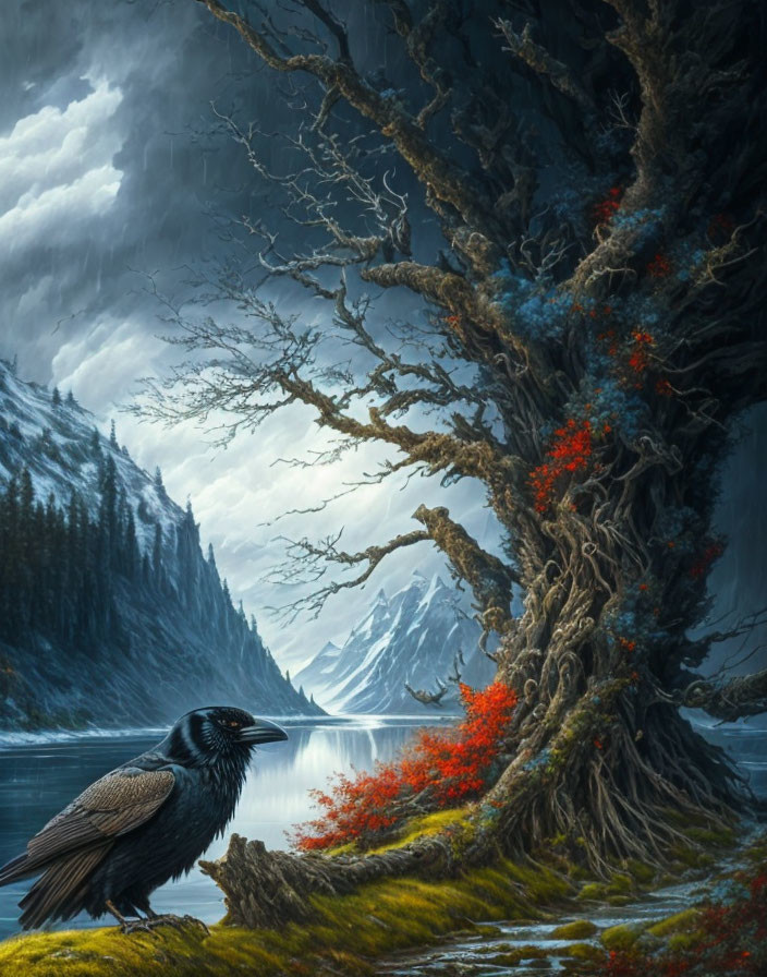 Raven perched on twisted tree with red leaves and mountain backdrop