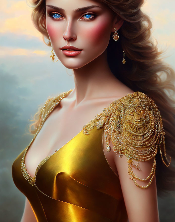 Detailed illustration of woman with golden hair and blue eyes in gold dress and jewelry