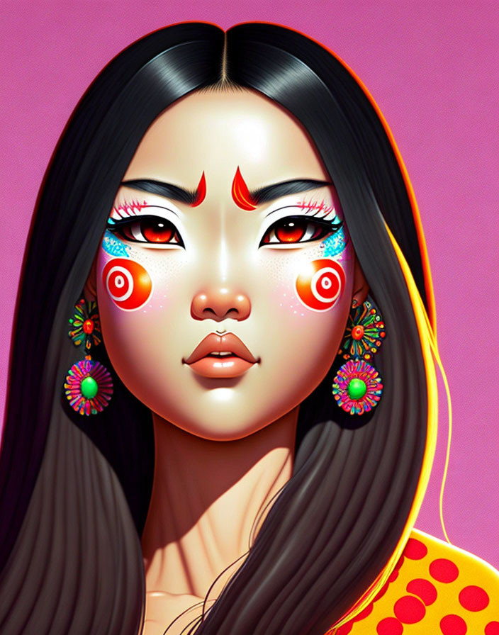 Vibrant makeup woman with flames and eyes on pink background