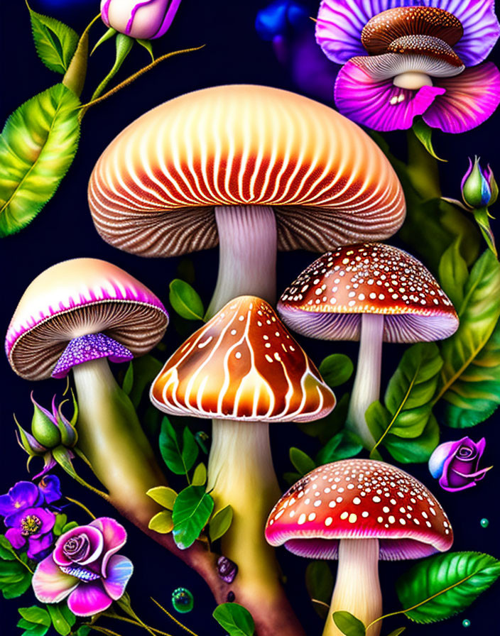 Colorful Whimsical Mushroom Illustration with Flowers and Foliage