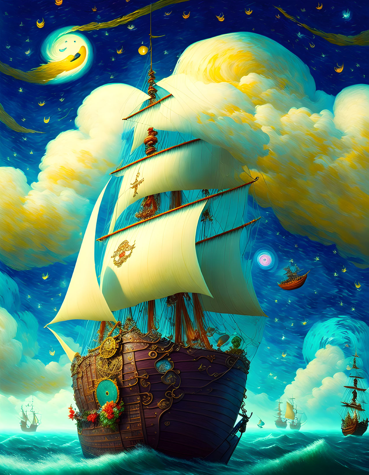 Colorful Fantastical Sailing Ship Illustration with Crescent Moon and Stars