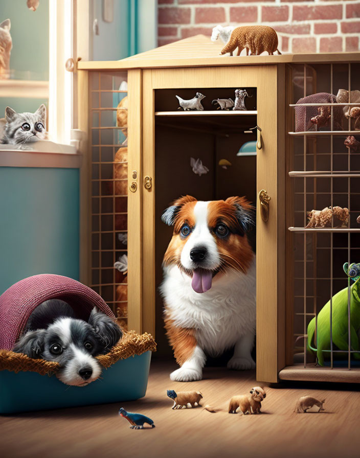 Cheerful dog with playful cats and pet toys in cozy room