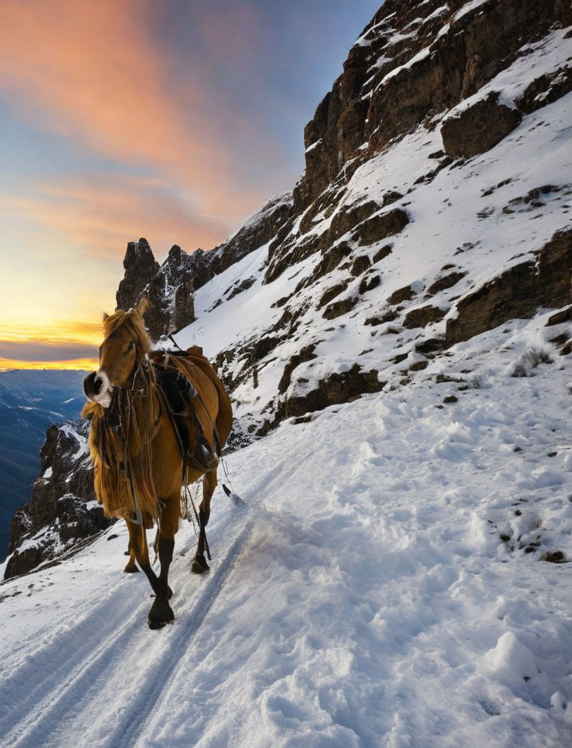 Snowy mountain path: Horse carrying supplies at sunrise