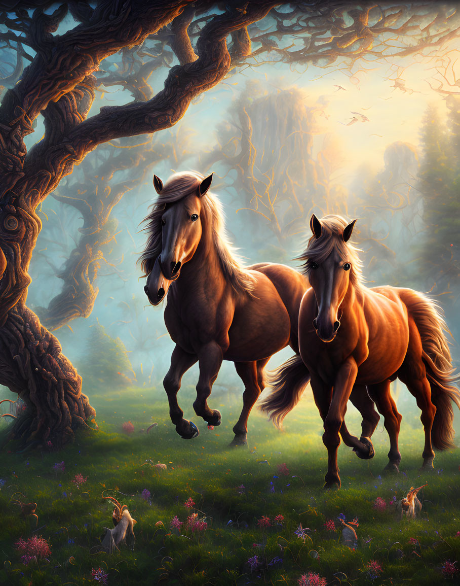 Majestic horses in sunlit forest with wildflowers & twisted trees