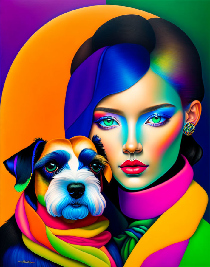 Colorful portrait of woman with blue hair and multicolored makeup next to dog in matching scarf