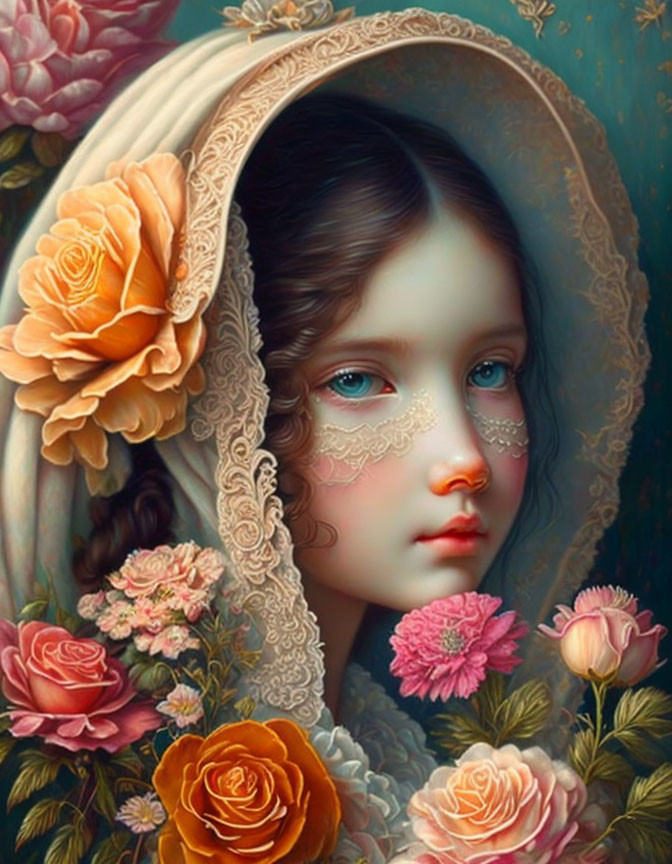 Melancholic girl portrait with floral frame, lace veil, and roses