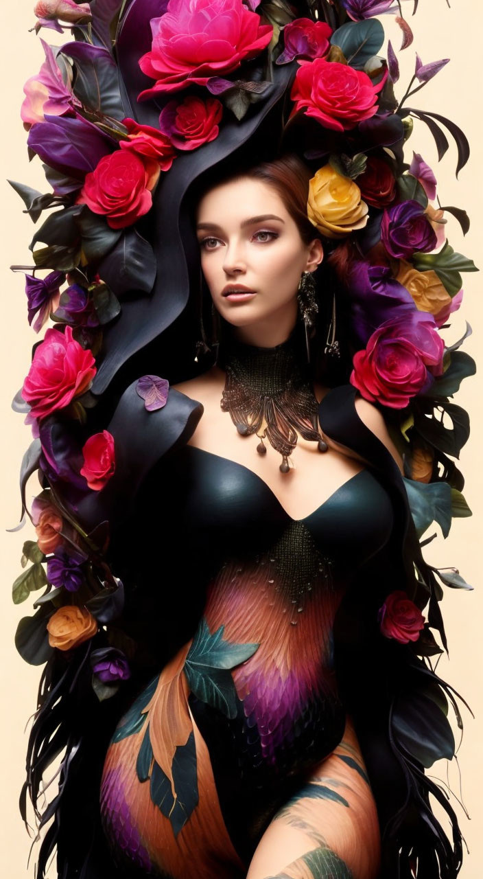 Woman in Floral Headdress and Feathered Bodysuit