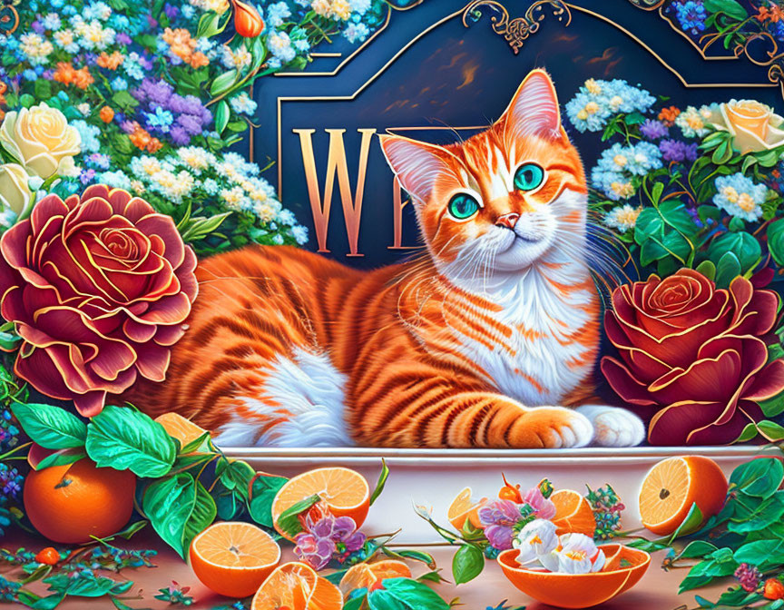 Orange Tabby Cat with Green Eyes Surrounded by Flowers and Oranges