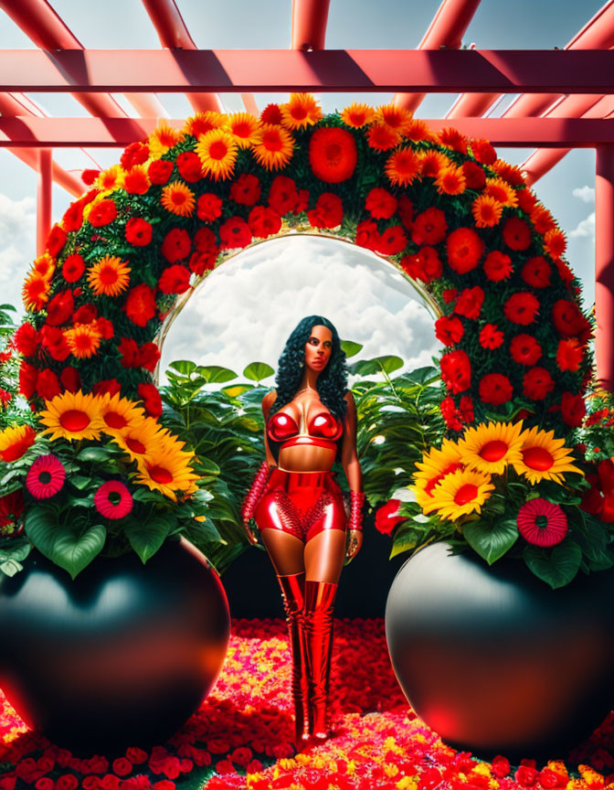 Woman in Red Bodysuit Under Floral Arch with Sunflowers and Greenery