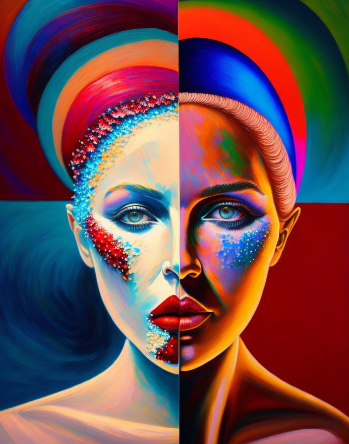 Split-portrait of a woman with gemstones, warm red and cool blue tones, rainbow turban