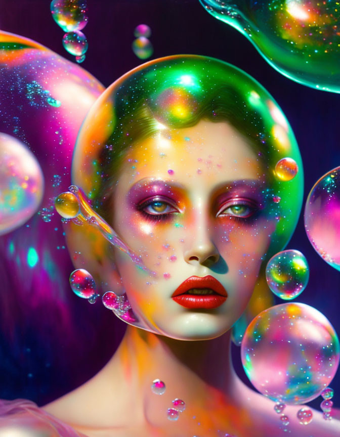 Vibrant cosmic woman portrait with iridescent bubbles