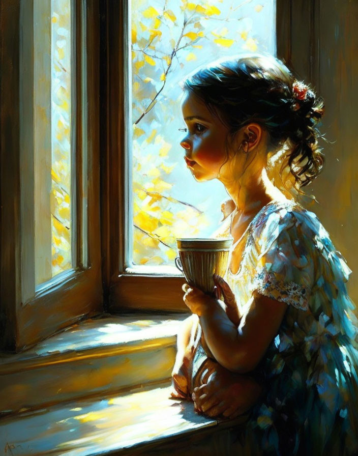 Young girl looking out sunlit window with cup and autumn leaves.