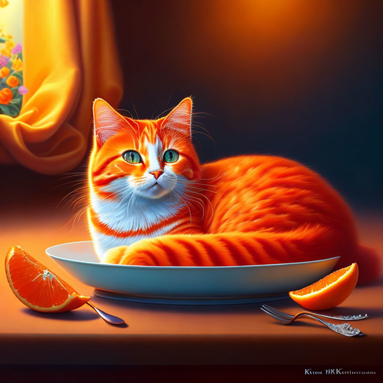 Orange Tabby Cat with Blue Eyes in White Bowl with Sliced Oranges and Floral Background