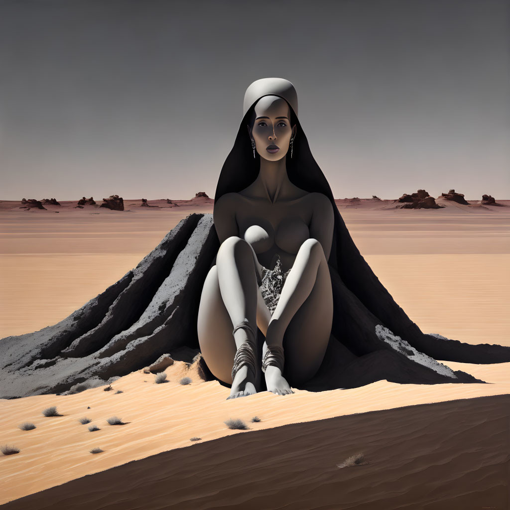 Stylized illustration of woman in barren landscape