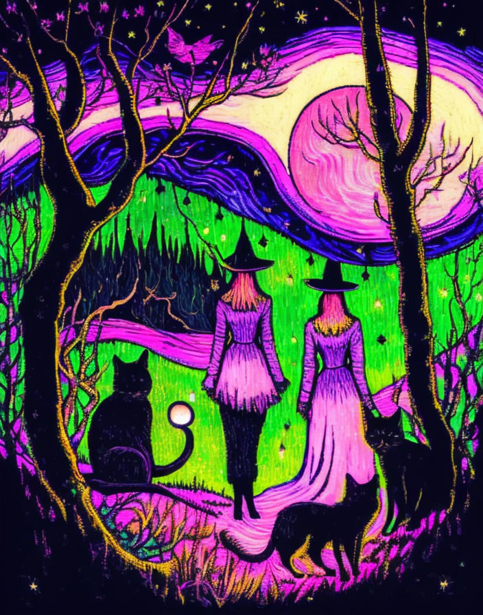 Illustration of two witches, cats in mystical forest under purple skies