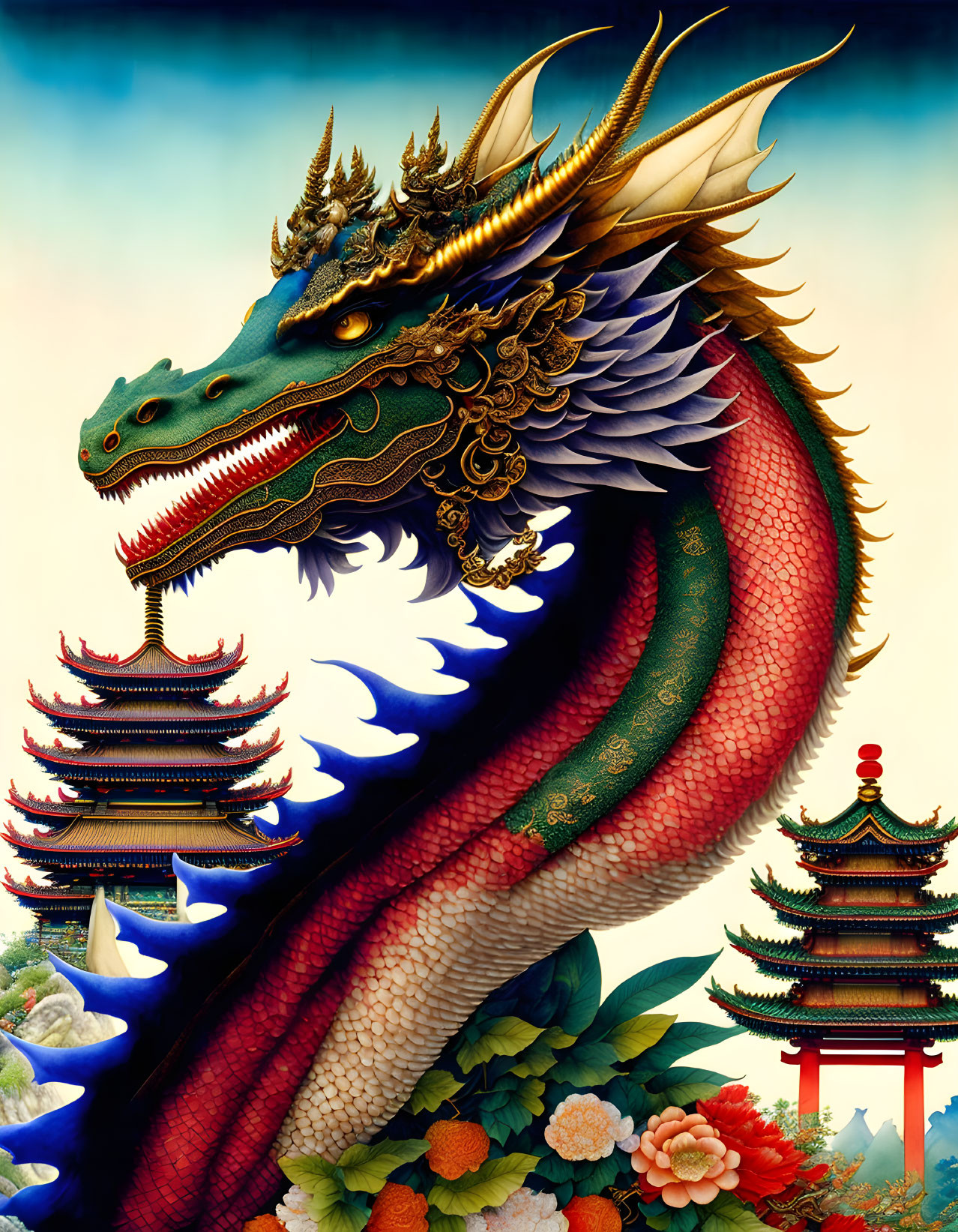 Majestic dragon illustration with pagodas in a cloud and flower setting