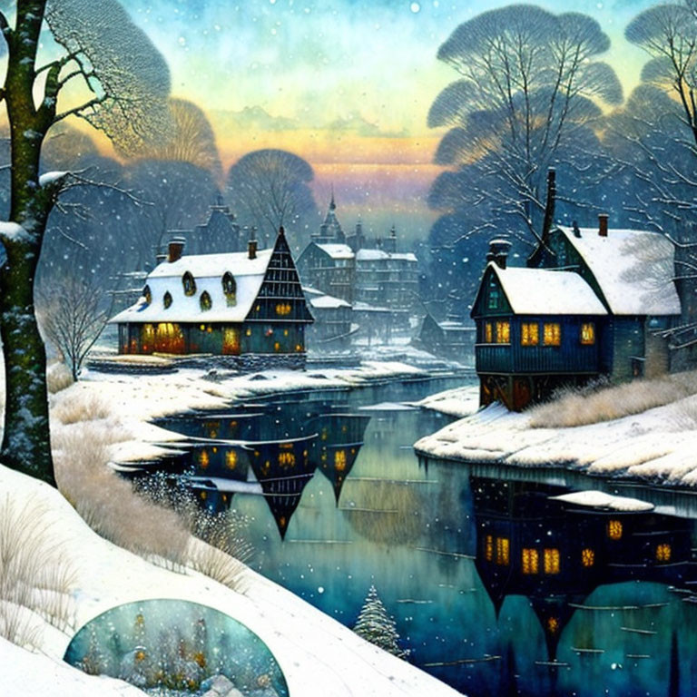 Snow-covered cottages in a winter village by a tranquil river at twilight