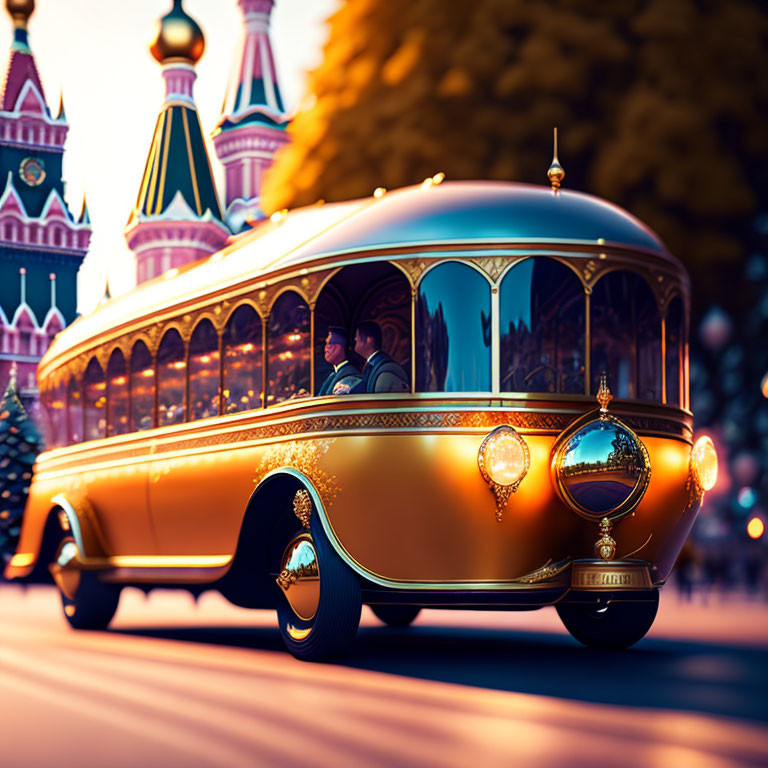 Vintage-Style Bus with Golden Embellishments in City with Colorful Spires