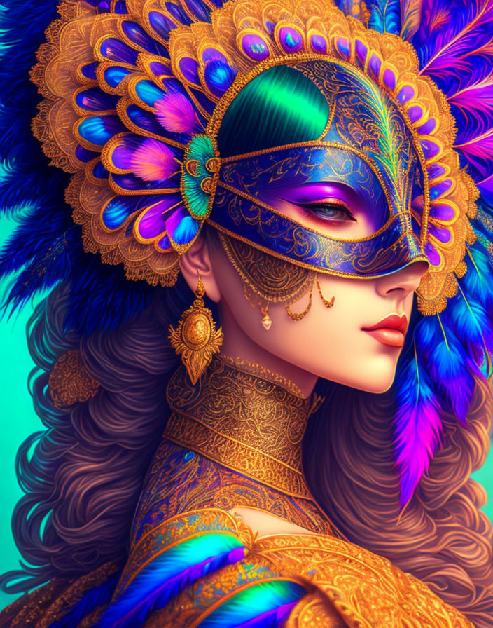 Vibrant digital artwork of woman in ornate masquerade mask