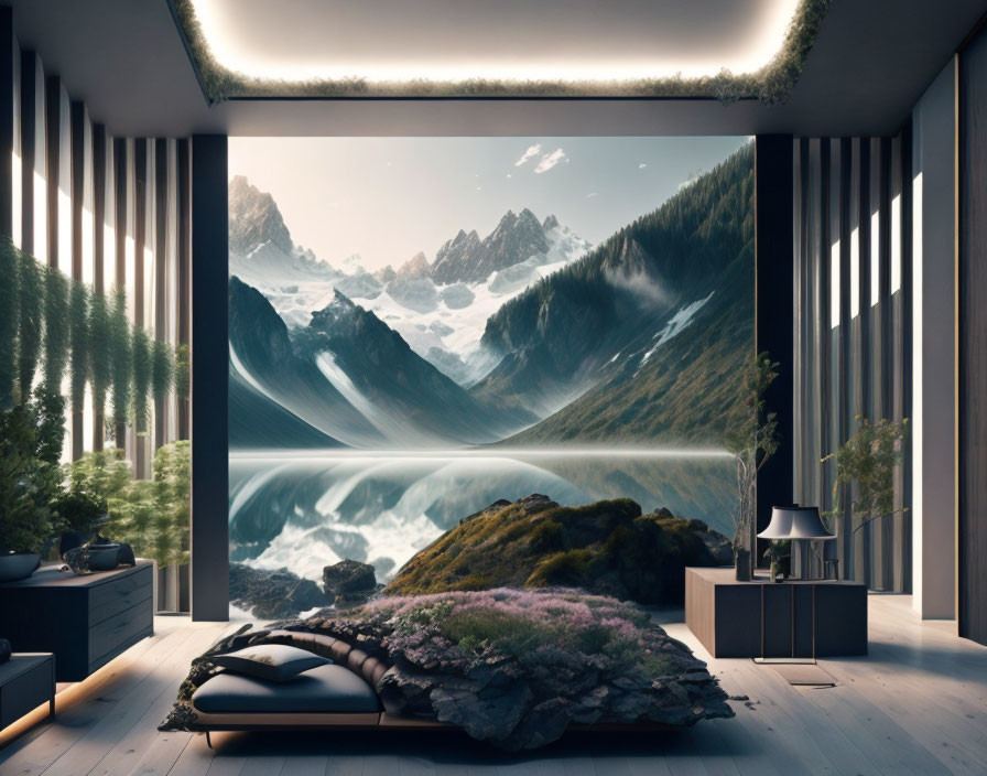 Modern Room with Panoramic Mountain View & Waterfall Scenery