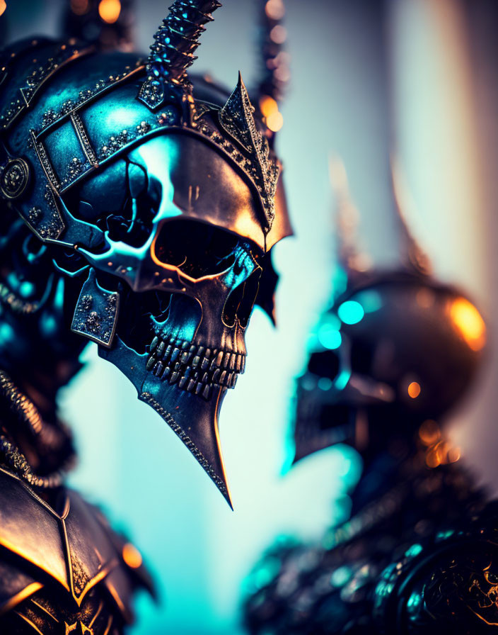 Metallic skull with ornate helmet on blue backdrop