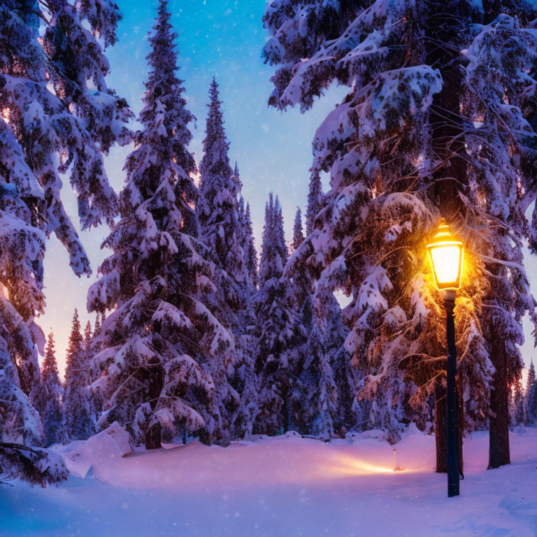 Winter scene: Snow-covered trees by glowing street lamp at twilight