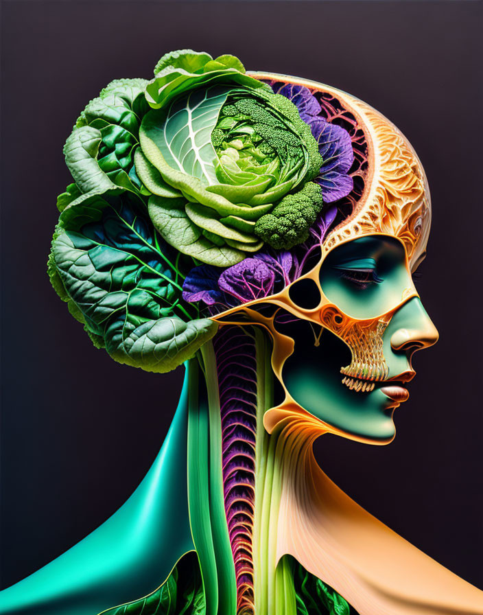 Profile View Artistic Representation Blending Human Anatomy with Plant Elements