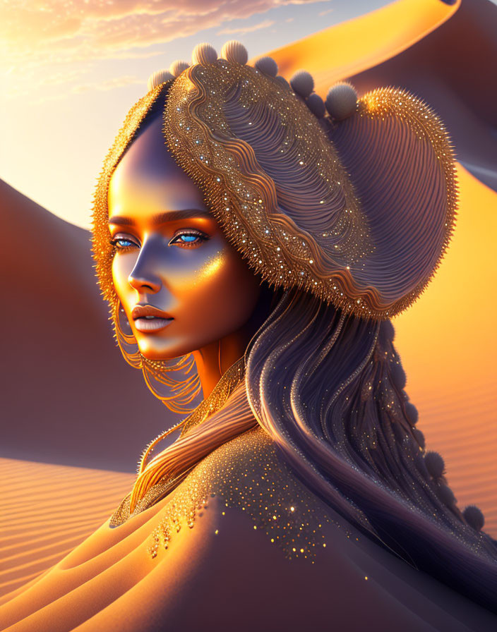 3D illustration: Woman with golden adornments in desert scenery