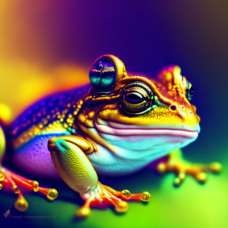 Colorful Frog Illustration with Rainbow Gradient and Water Droplets