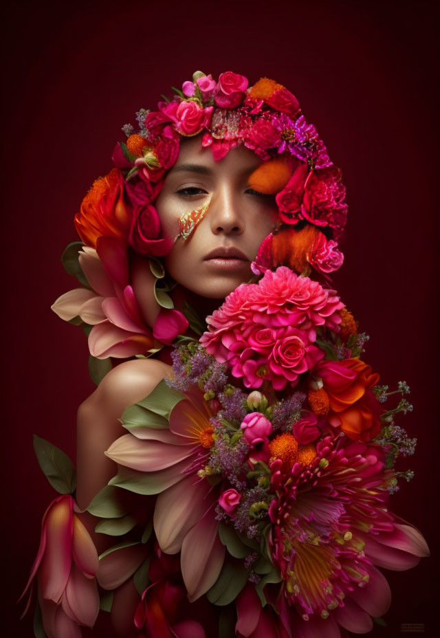 Vibrant red and pink floral arrangement around person's face