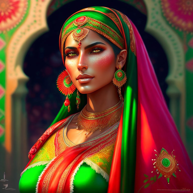 Traditional South Asian Attire Digital Artwork of Woman in Ornate Setting