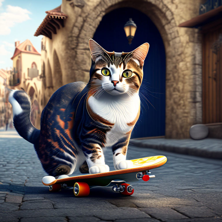 Tabby-and-white cat on skateboard in European alley with blue archway