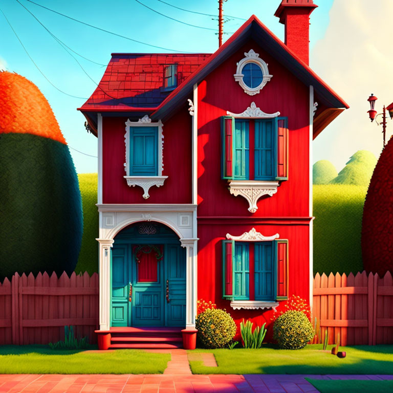 Whimsical red house with blue trim and picket fence
