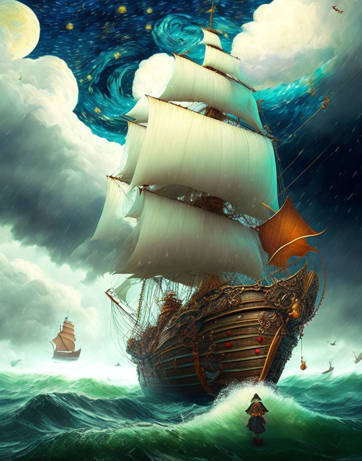 Fantastical ship navigating turbulent seas under starry sky with figure.