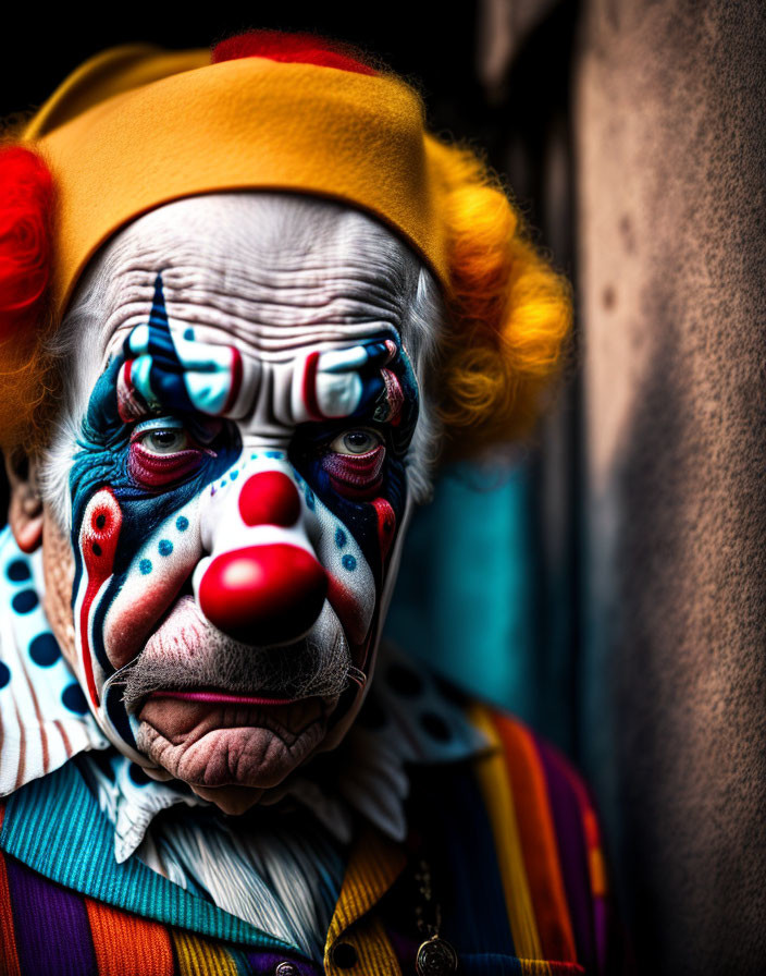 Detailed close-up of sorrowful clown with white face paint, blue eye details, red nose, yellow