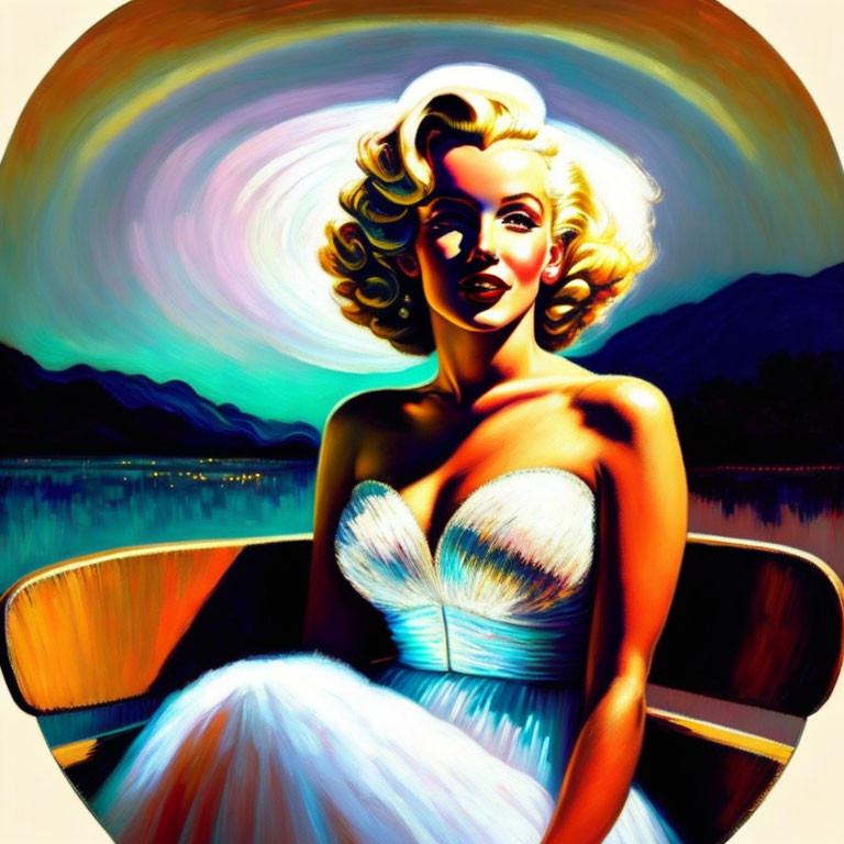 Vibrant illustration: Woman with blonde hair in blue dress against lake-sky backdrop