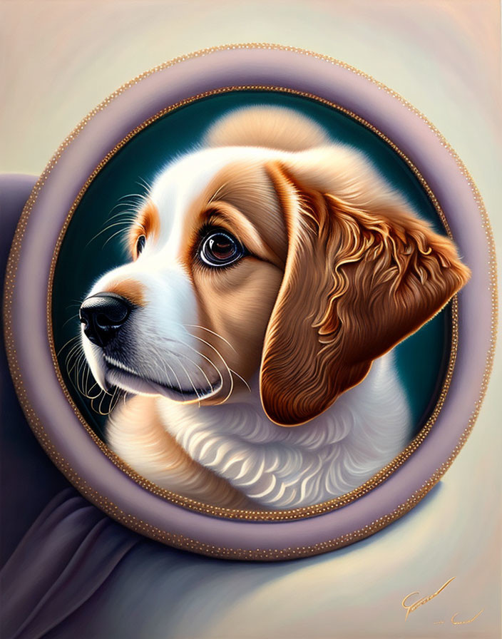 Detailed Beagle Head Illustration with Soulful Expression in Circular Border