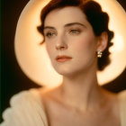 Portrait of Woman with Short Dark Hair in Cream Outfit and Halo-Like Backlight