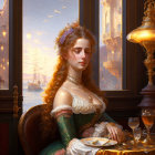 Regal woman in gown and crown gazes out window at harbor sunset.