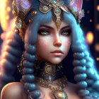 Fantasy illustration of woman with cat-like features and golden adornments