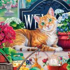 Orange Tabby Cat with Green Eyes Surrounded by Flowers and Oranges