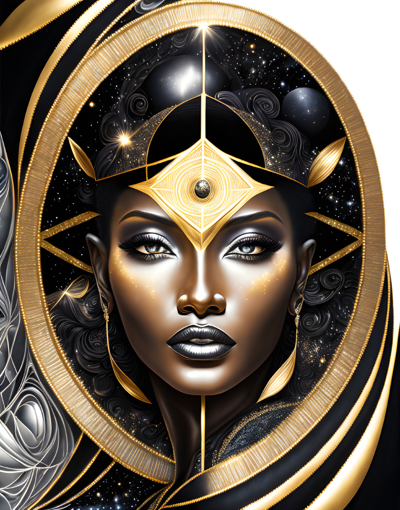 Cosmic-themed woman portrait with golden adornments