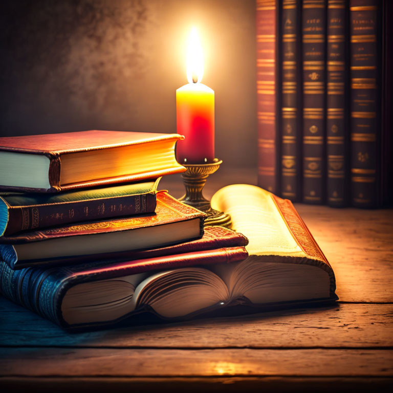 Vintage books stack with burning candle on wooden table & bookshelf in background