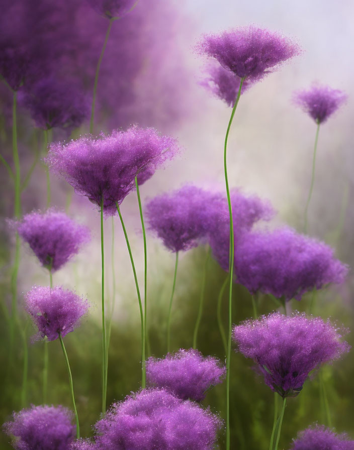 Tall Purple Flowers with Fluffy Tops on Soft Purple and White Background