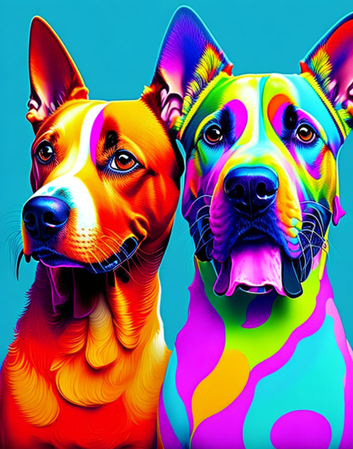 Vibrant multi-colored digital art dogs on teal background