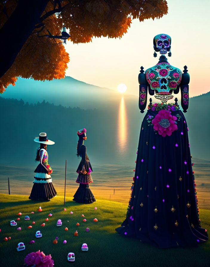 Three figures with skull makeup in Mexican attire at Día de los Muertos with sunset and marig