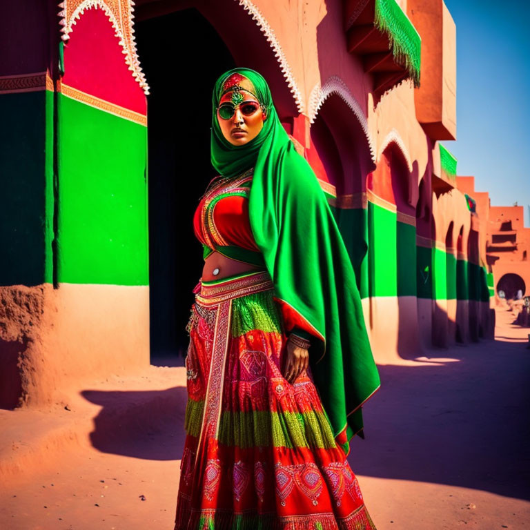 Traditional Attire Woman in Front of Colorful Buildings with Green Scarf