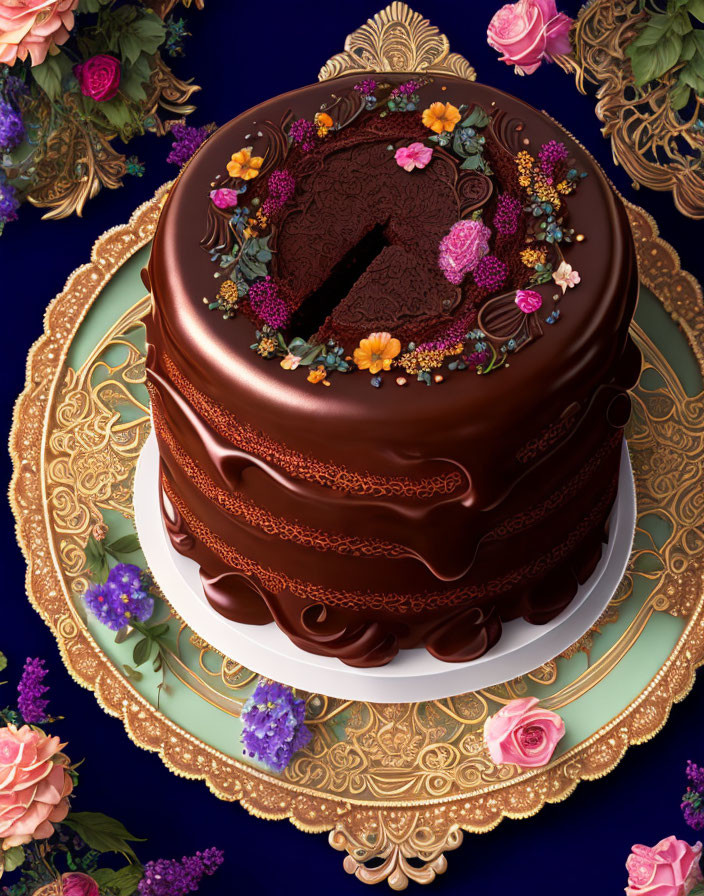 Elegant Multi-Tiered Chocolate Cake with Edible Flowers and Golden Stand